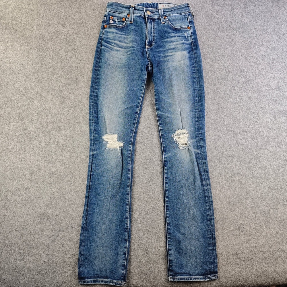 AG Adriano Goldschmied Mari High Rise Straight Jeans Womens 25R Blue Distressed